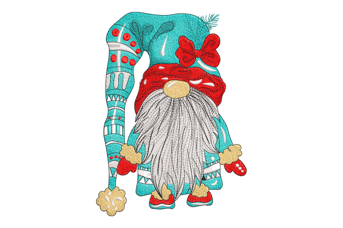 Nordic gnome embroidery with aqua geometric patterned body, red bow, pine sprigs on hat and long white beard.