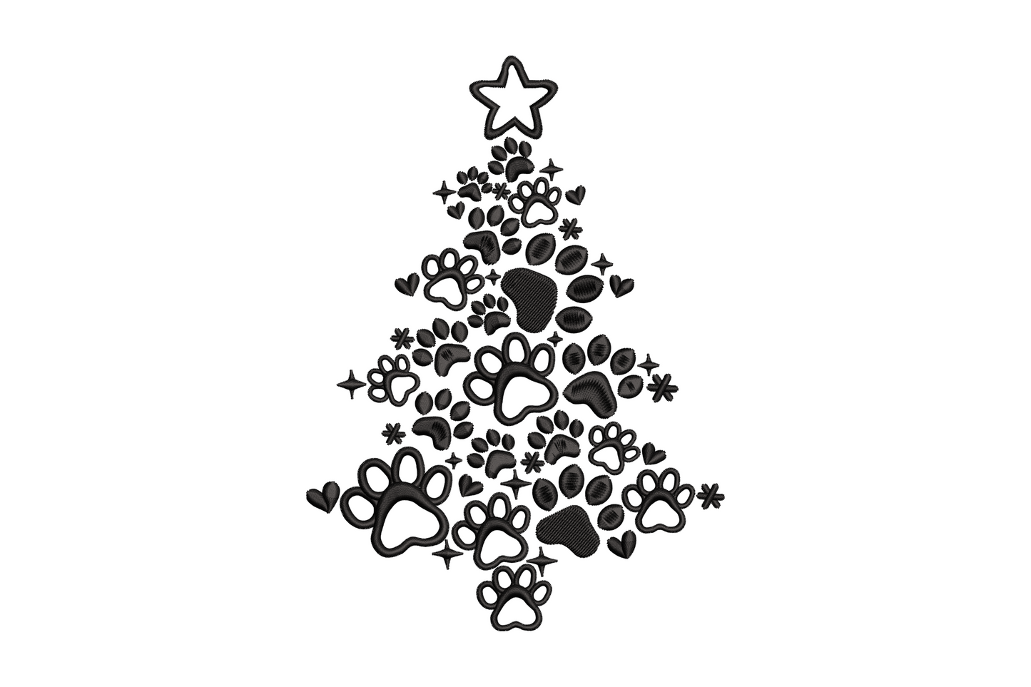 Festive paw print christmas tree embroidery design with dog paw prints stacked into a tree silhouette, satin fill at 636 density, single colour on fabric