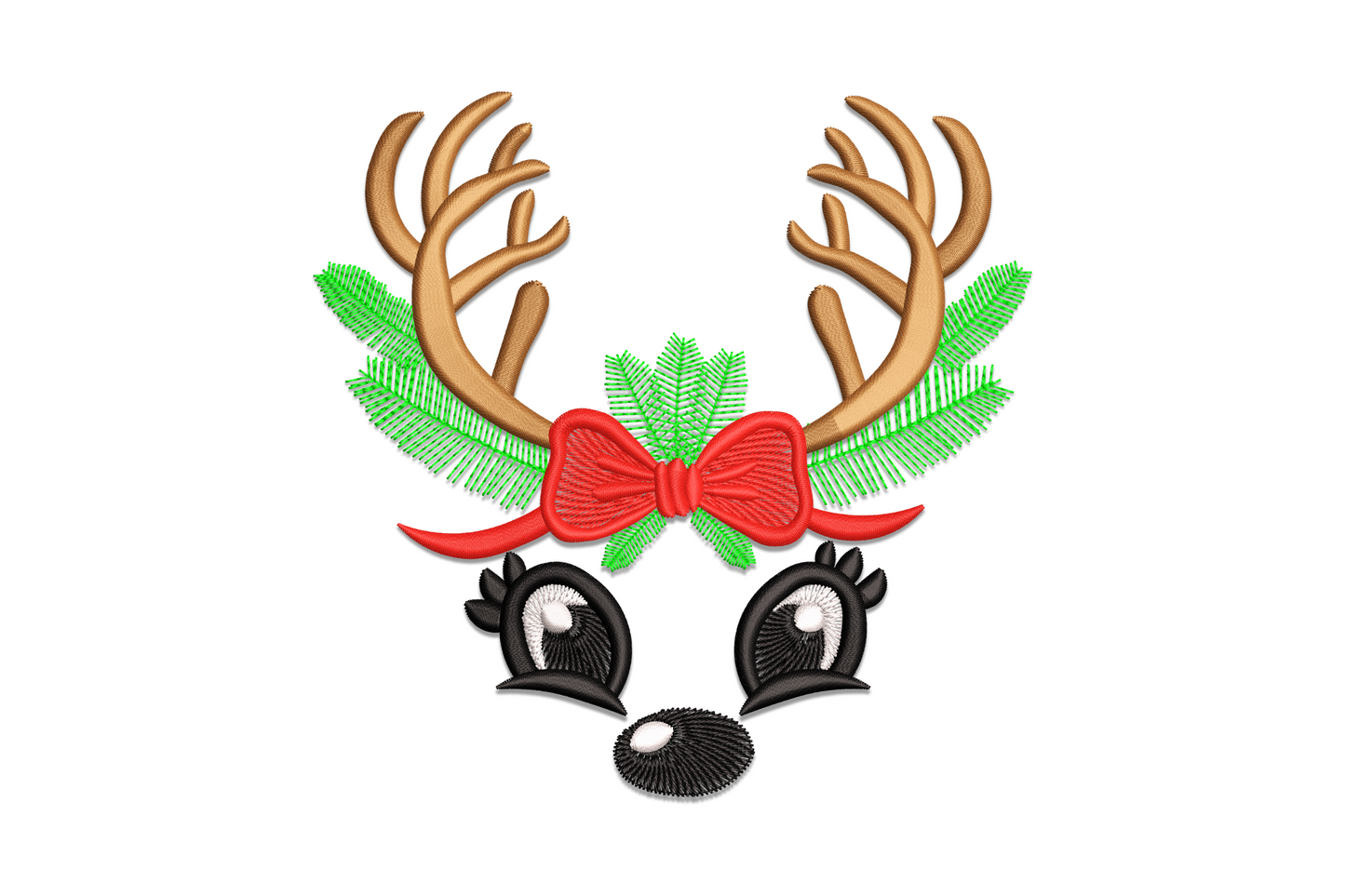 Reindeer antlers monogram embroidery with brown antlers green pine sprigs red bow and black silhouette ears.