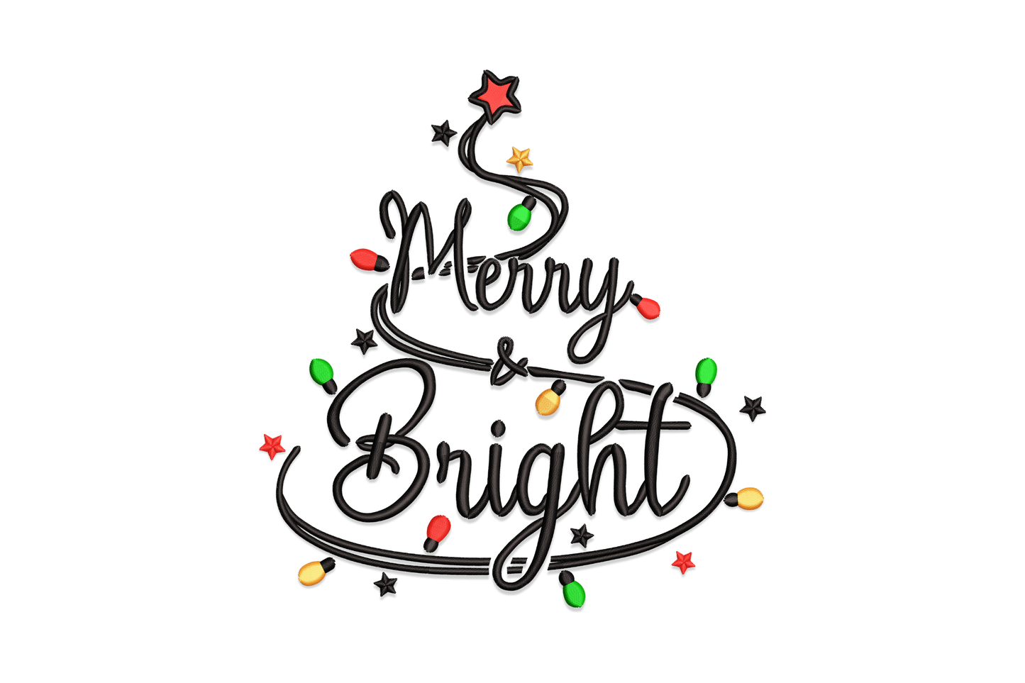 Merry and Bright script embroidery, cursive text in a tree shape with black cord, coloured light bulbs and red star topper.