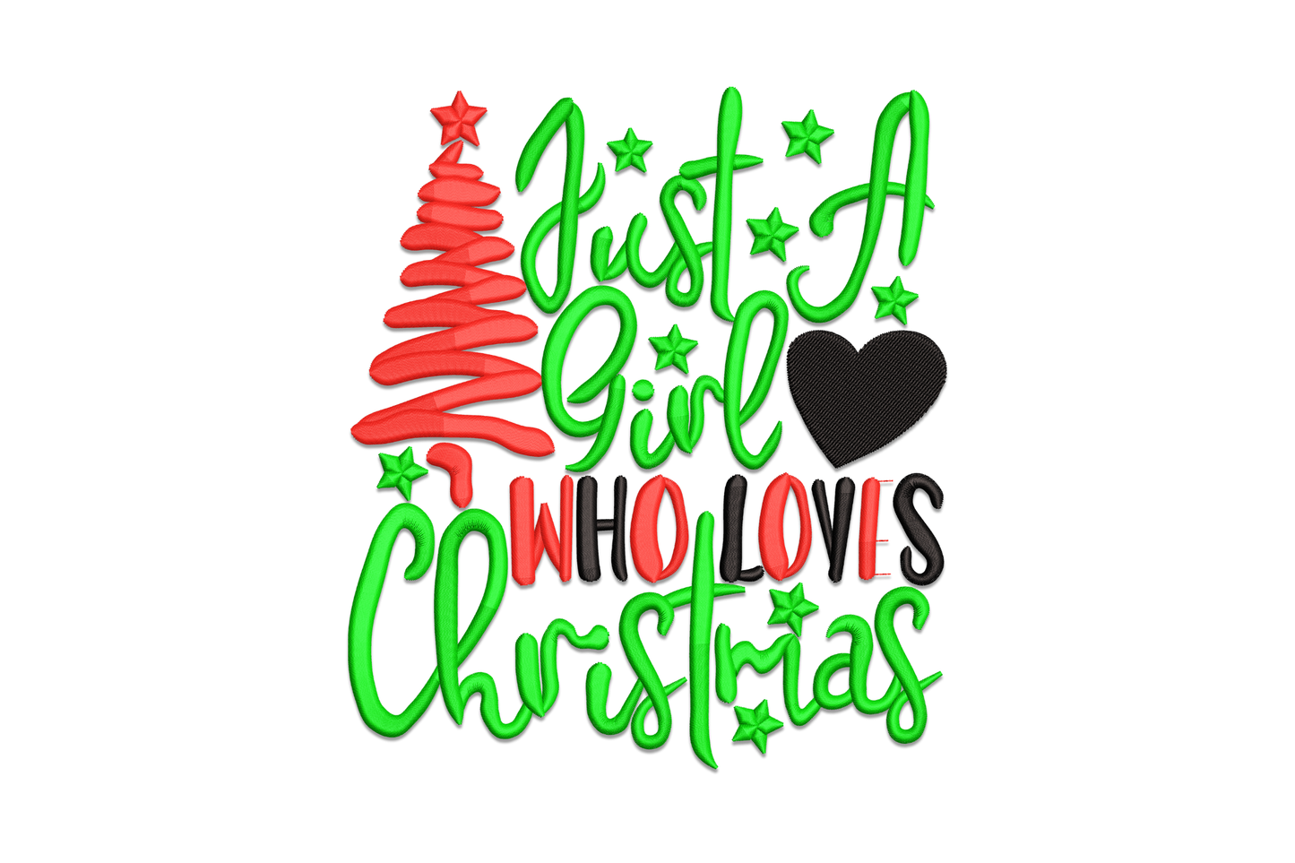 Just a girl who loves christmas embroidery design with ribbon tree and heart, red green and black typography, festive machine embroidery pattern