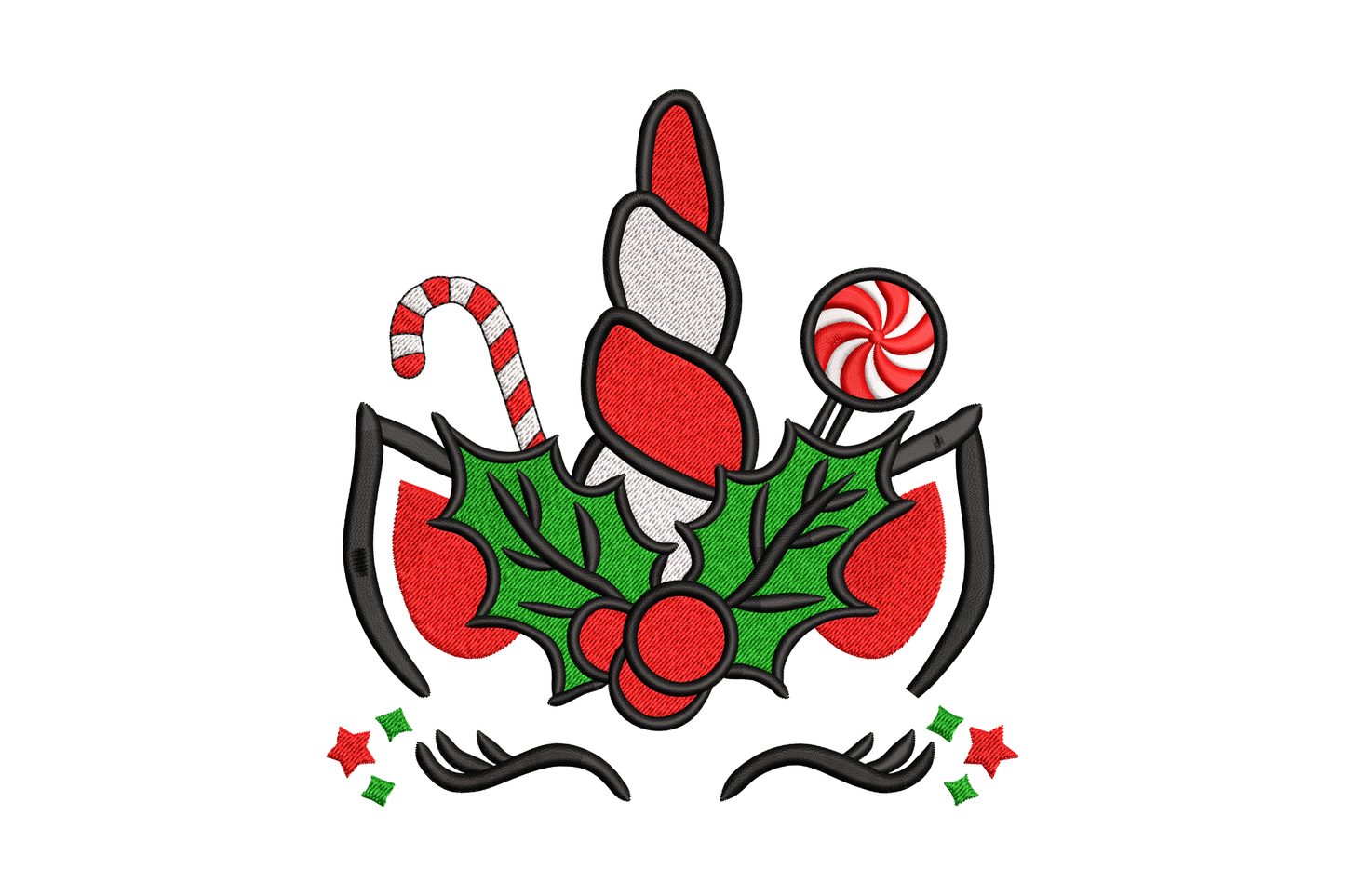 Festive unicorn candle christmas ornament embroidery with red candle holly leaves candy cane and peppermint swirl.