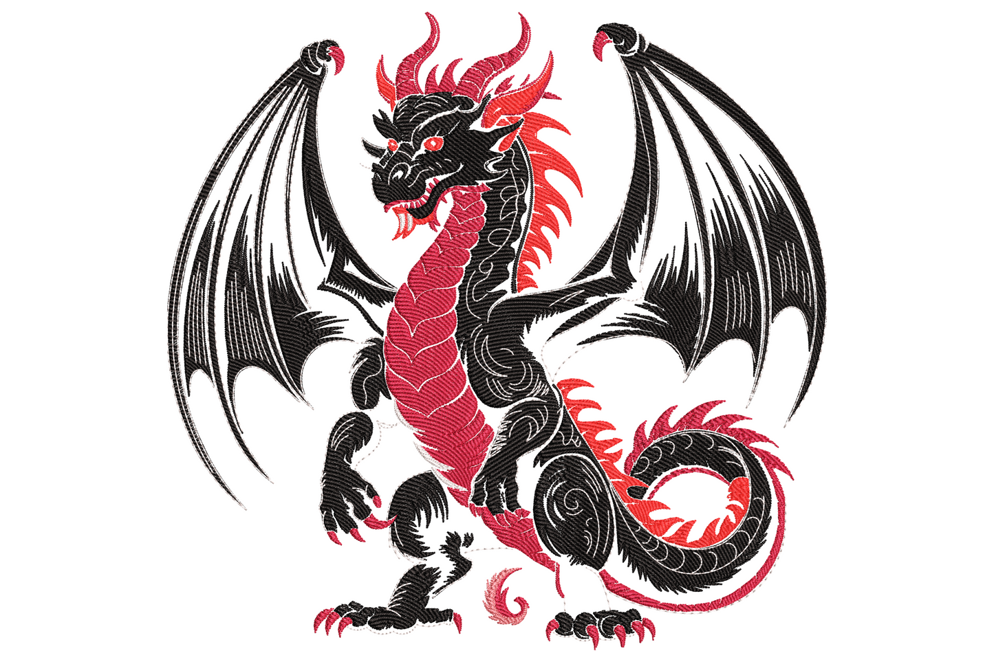 Fiery dragon embroidery design coiled mid-roar with sweeping wings, sharp fire-red flame accents and heavy black outlines.