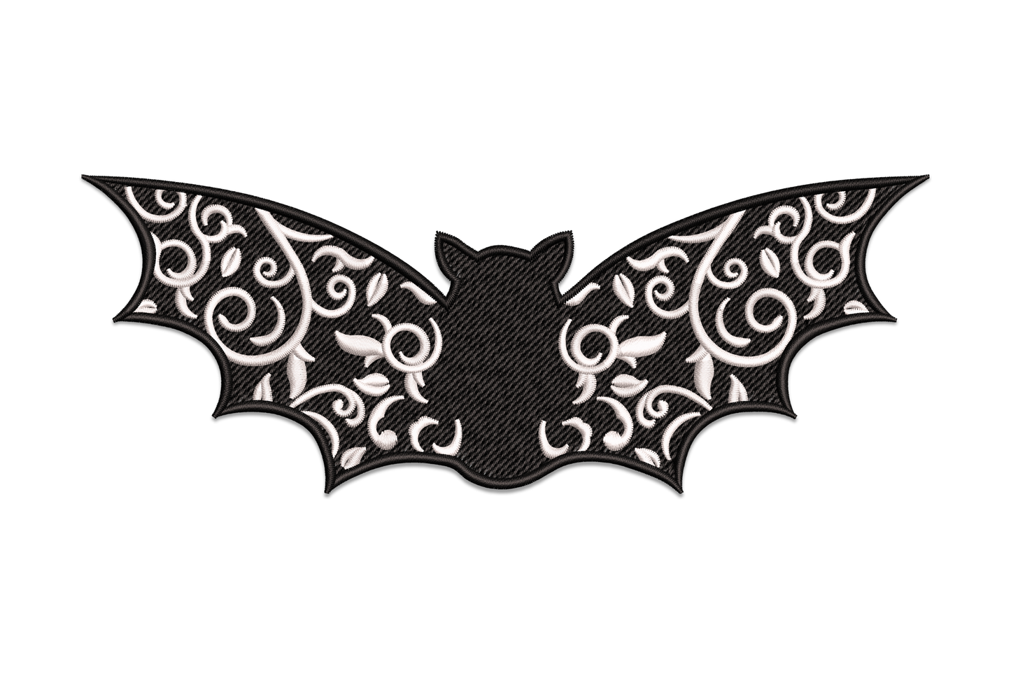 Filigree bat embroidery design with white lace scrollwork on dense black tatami wings, gothic Victorian ornamental style.
