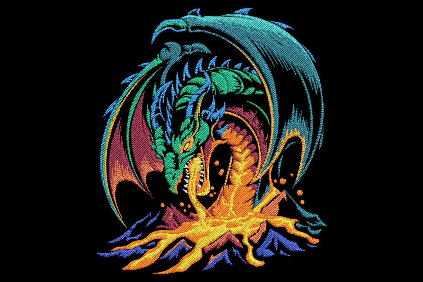 Fierce coiled dragon embroidery design with teal body, magenta wings spread wide and orange flame breath shooting onto a rock pile below.