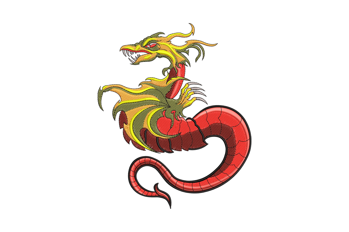 Eastern fire serpent dragon embroidery design in 8 colors with coiling red scaled body and horned green head
