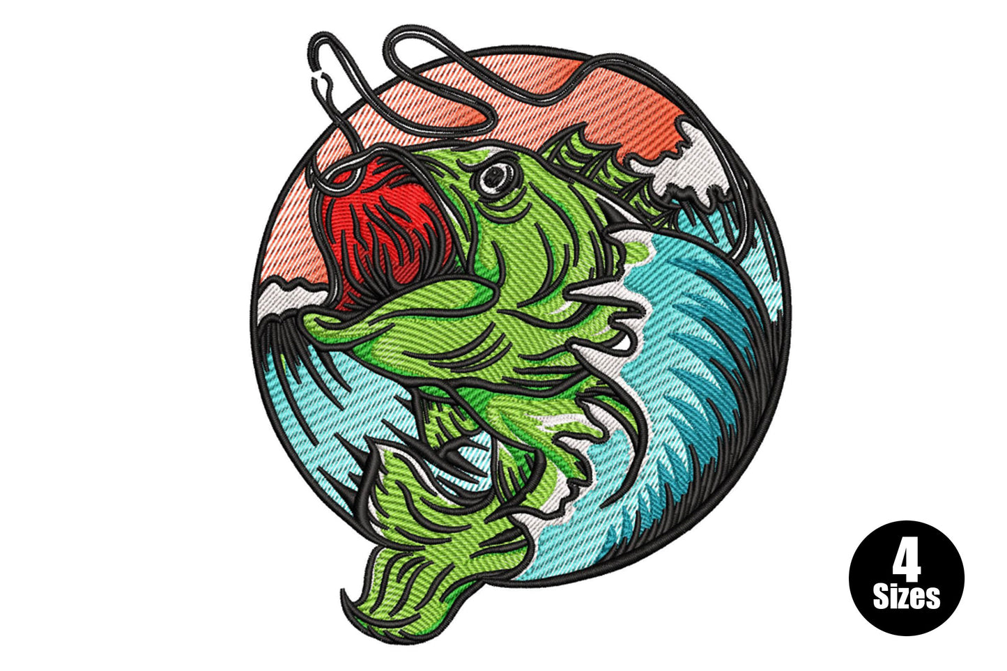 Fishing bass embroidery design with largemouth bass leaping in a circular patch border, aqua water, salmon sky, 9 thread colours.