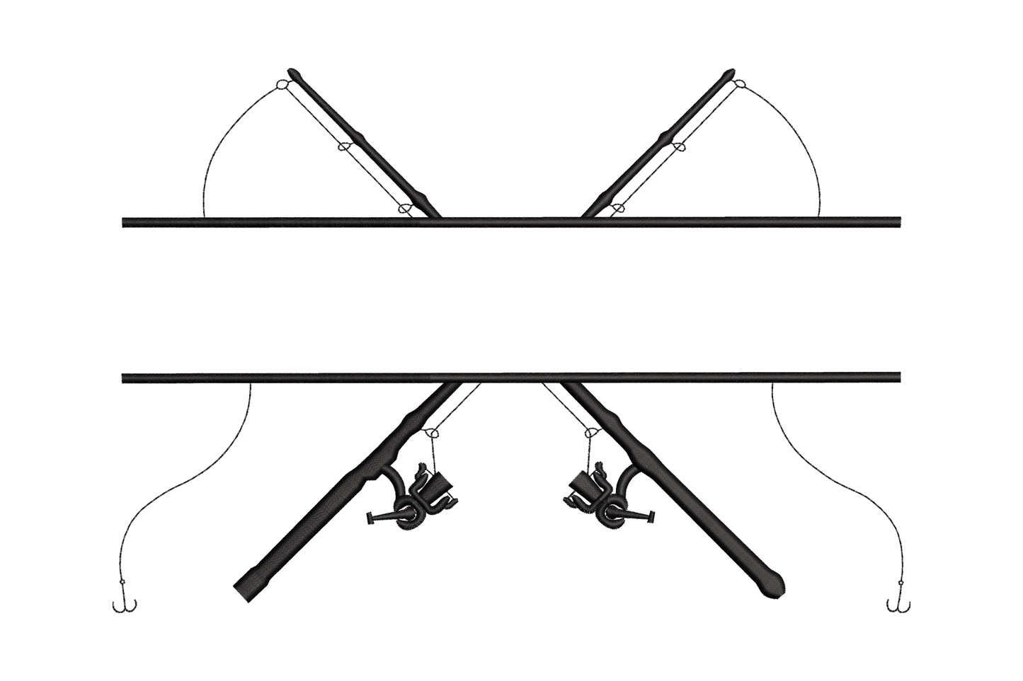 Two crossed fishing rods and reels silhouette machine embroidery design in black, hooks visible at line ends