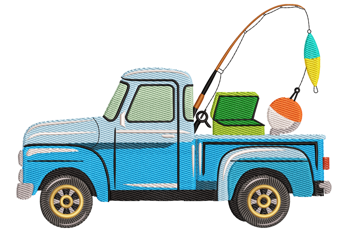 Fishing truck embroidery design with side-view pickup truck, fishing rods in bed, chrome grille, 17 colors, tyre tread and tackle detail visible.