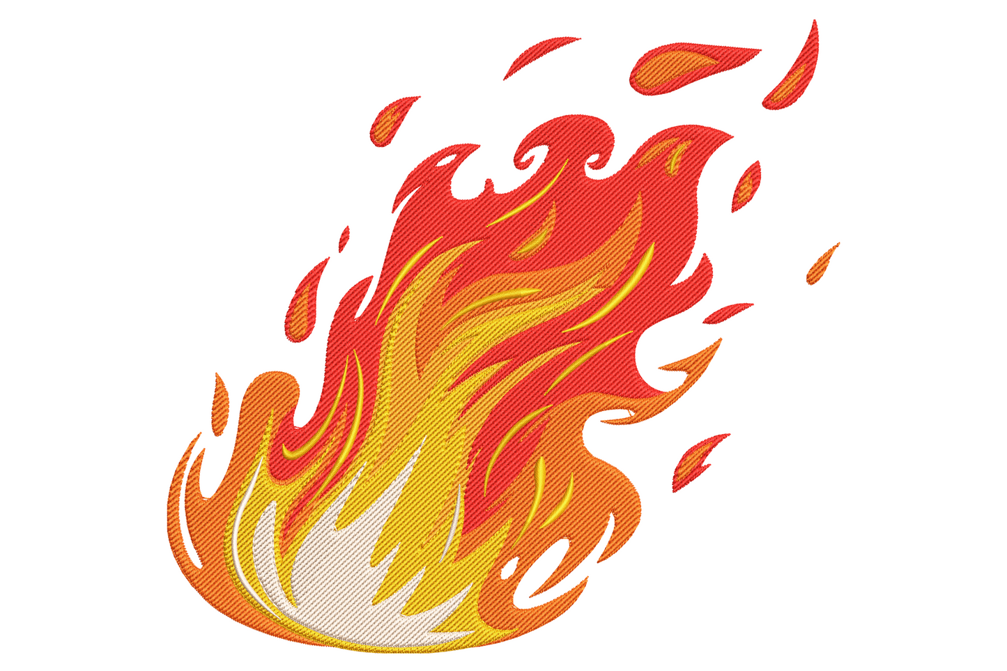 Retro flame embroidery design leaning right with red orange yellow gradient fill, swirly internal curls and seven flying ember sparks breaking off behind.