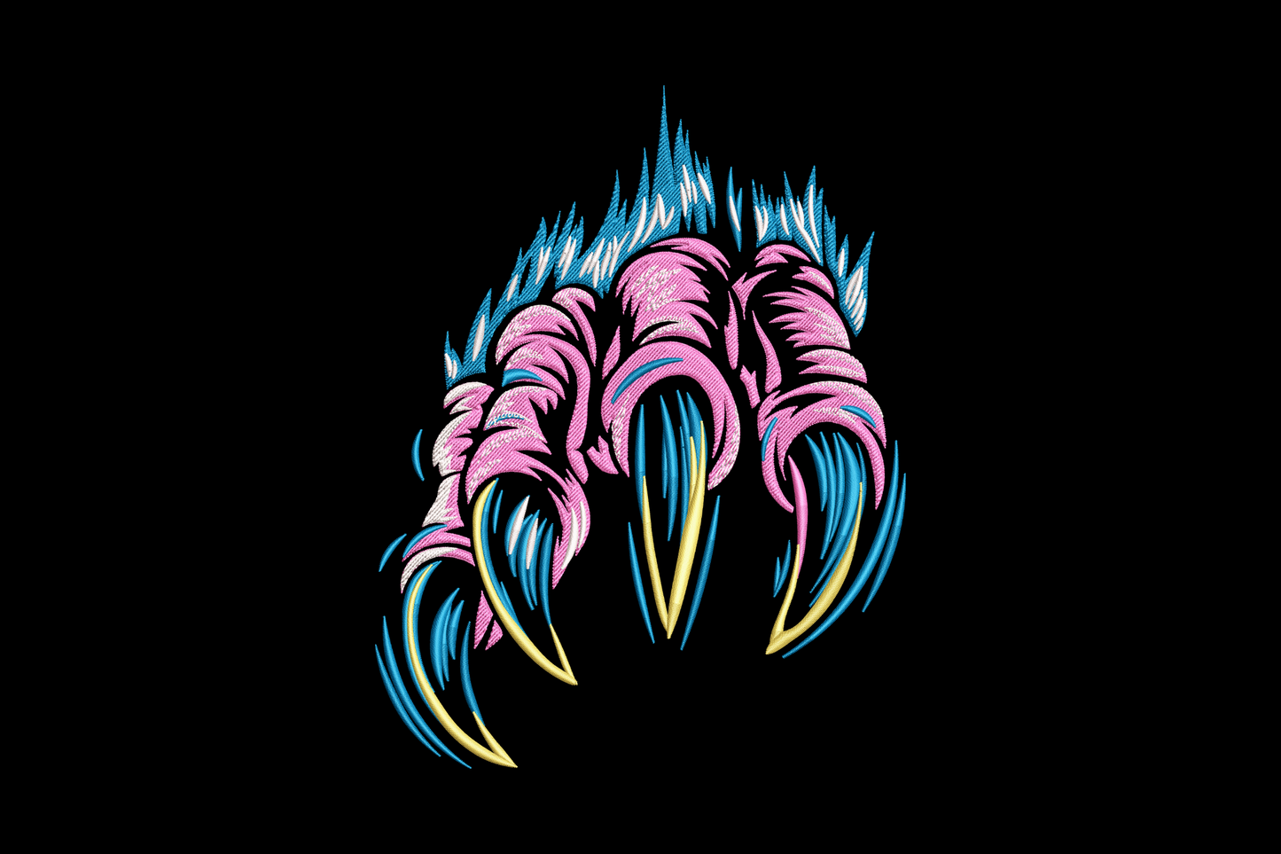 Flaming claw embroidery design with neon monster talons, mauve pink fur, yellow teal claws and electric blue flames on black background.