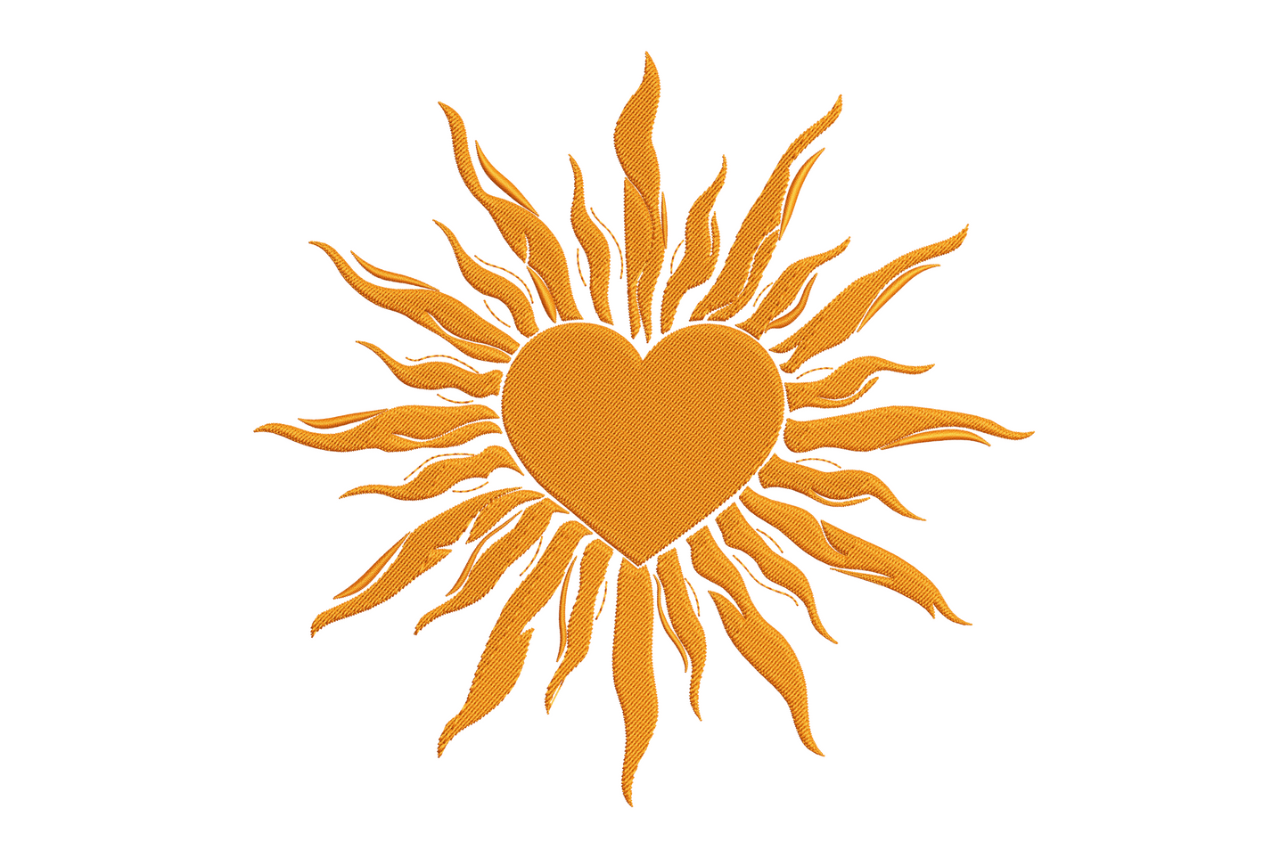 Flaming heart sun embroidery with flame-tip rays surrounding a centred heart, single amber gold thread, boho style.