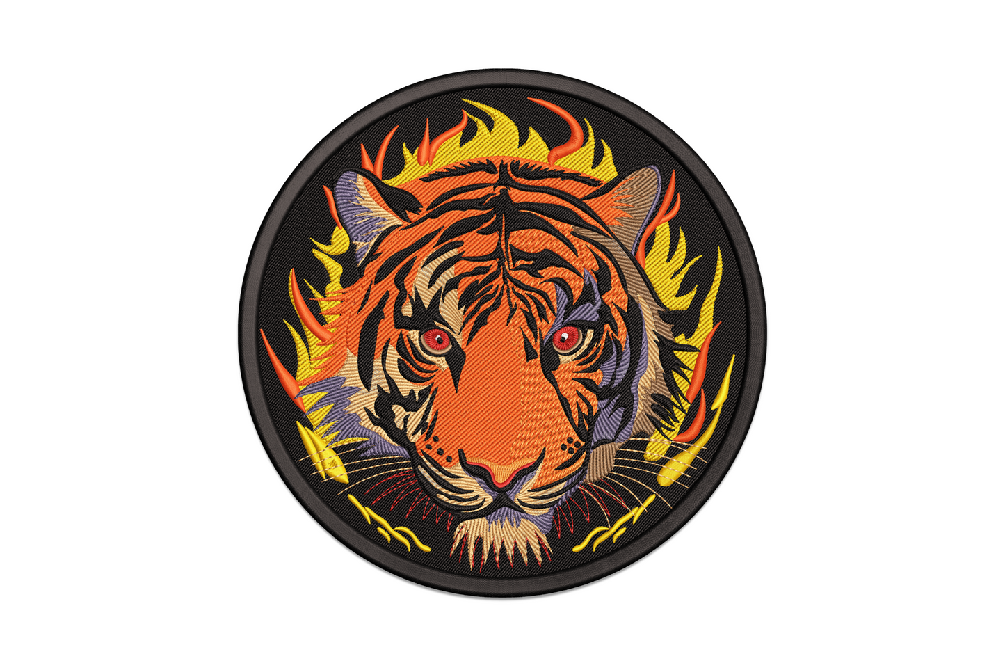 Flaming tiger head machine embroidery design, fierce snarl with stylised flames, 10 colours, 5 sizes from 3.51 to 7.51 inches