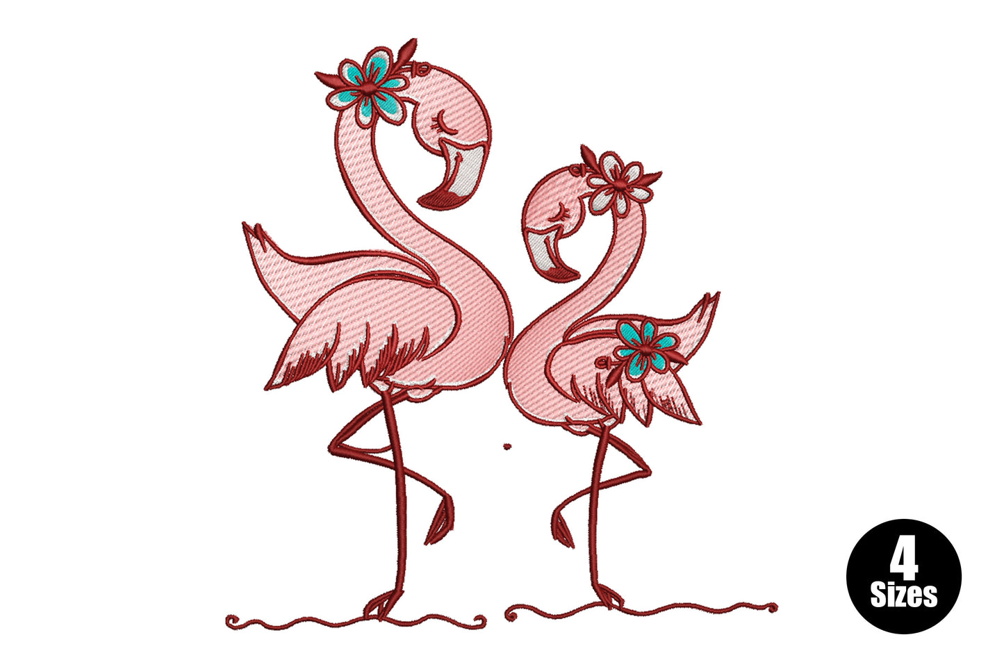 Two flamingos facing each other with necks curved to form a heart, coral pink and rose thread on a satin column fill design.