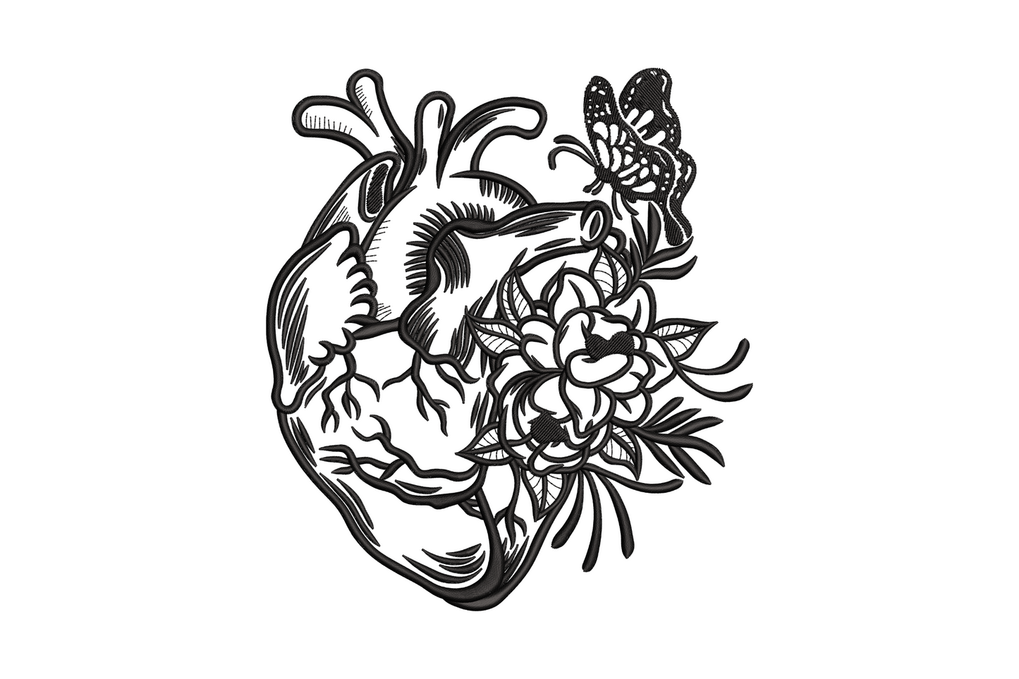 Anatomical heart line art with chrysanthemum blooms on right side and small butterfly on upper arteries, black thread.