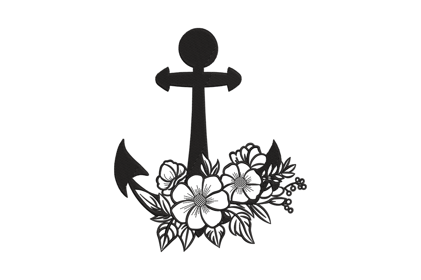 Floral anchor nautical embroidery design, clean anchor with cluster of open flowers and layered botanical leaves at base, single black thread