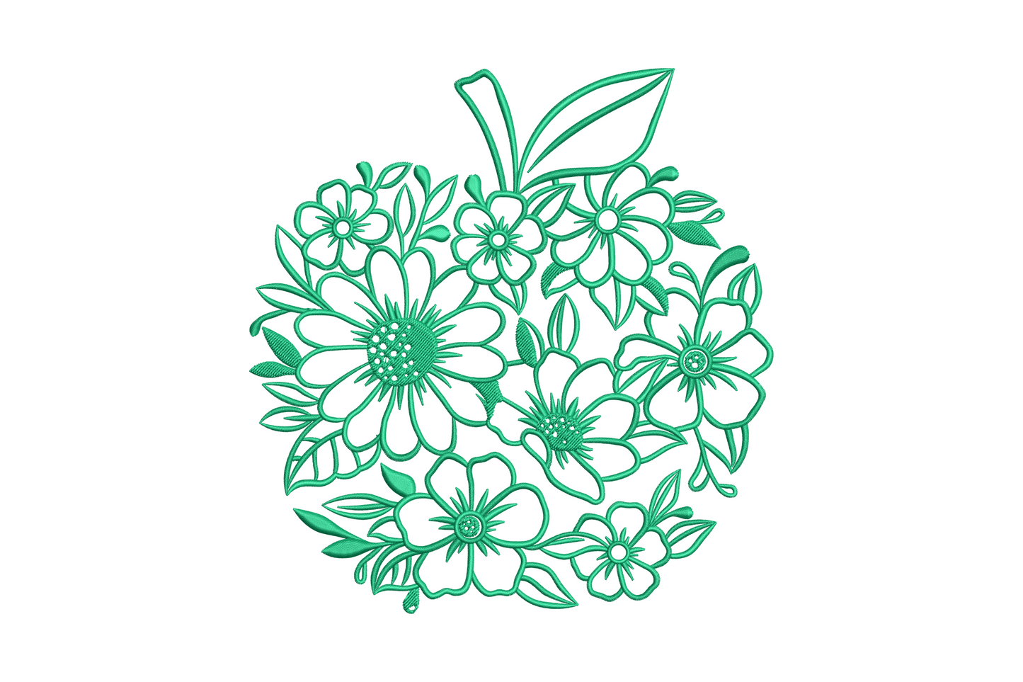 Floral apple outline embroidery, apple shape filled with layered flowers and leaves, single teal thread, 5 sizes