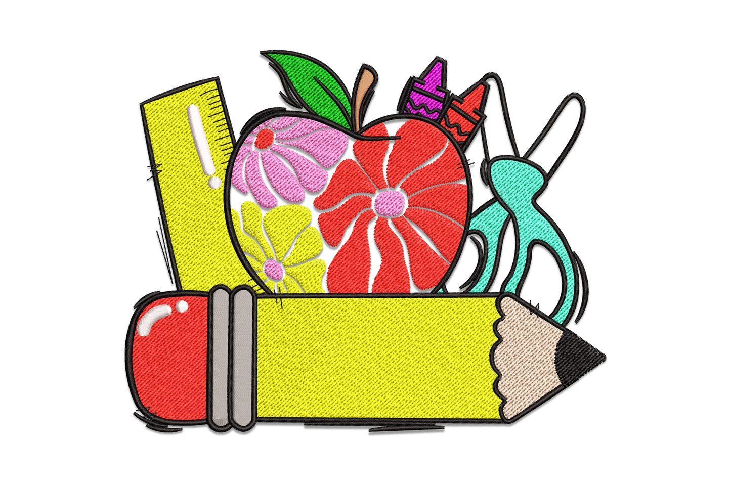 Floral apple embroidery design with pink and purple flowers on a red apple, sitting on a yellow pencil, with ruler left and teal scissors right.