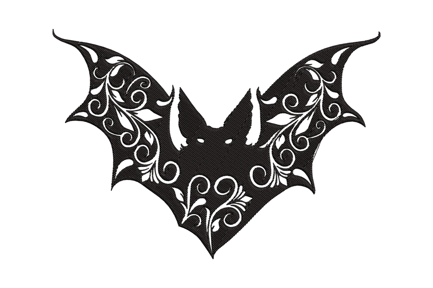 Floral bat silhouette embroidery design with ornate scrollwork and vine detail inside bat wings in single colour black.