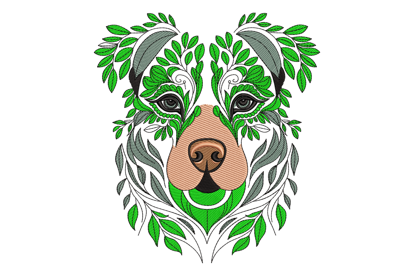 Floral bear face embroidery design with chocolate brown bear, cream muzzle, and dusty rose and sage green floral crown
