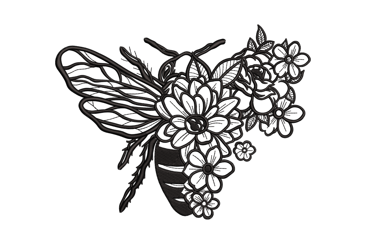 Floral bee outline embroidery design where the bee body and wings are formed from daisy petals and botanical linework, single black thread, 5 sizes.