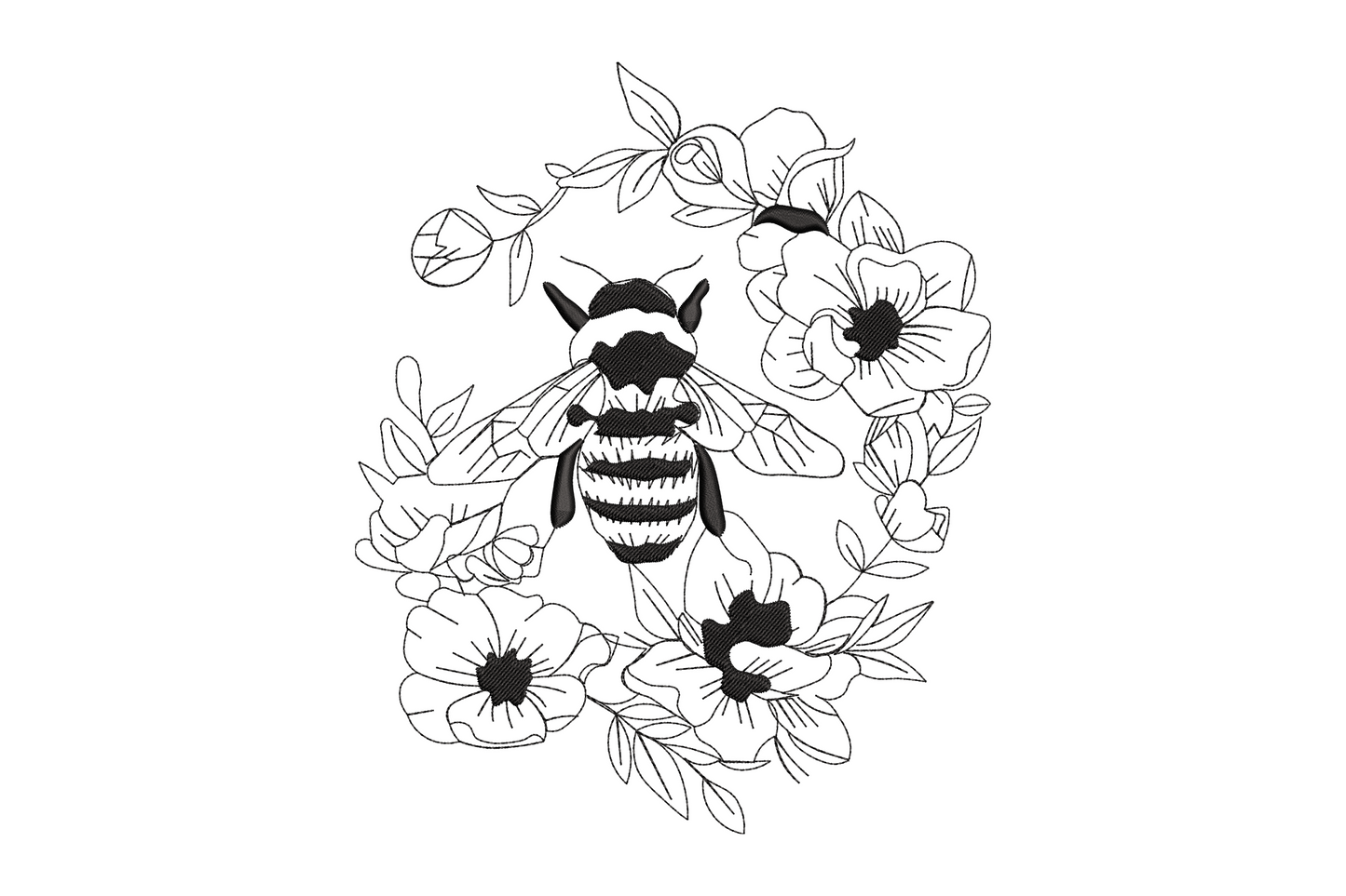 Floral bee wreath embroidery design with bee in centre of open flower circle in single black thread