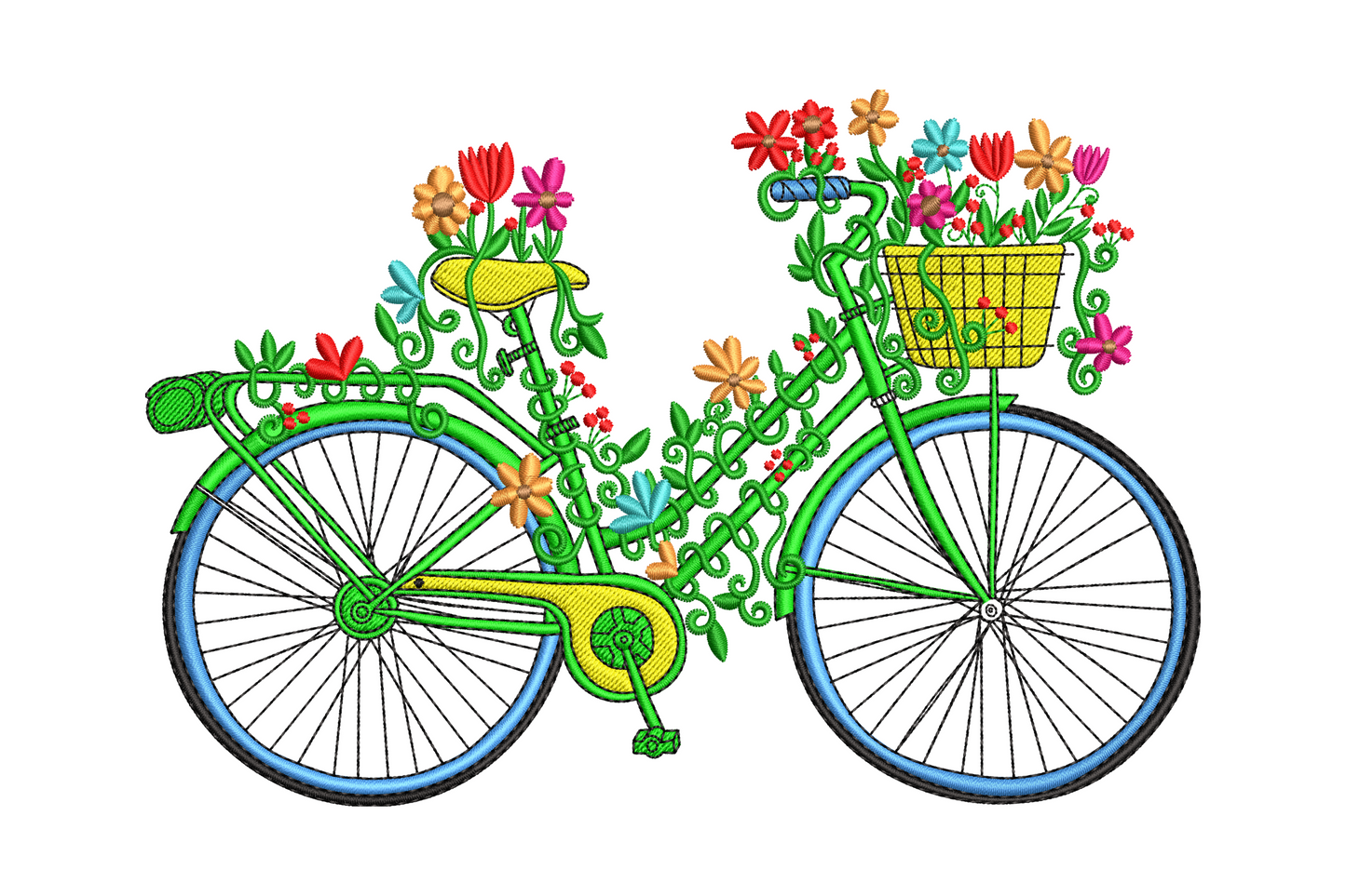 Floral bicycle embroidery with flower basket, scroll frame, 10 colours: green blue yellow red and pink spring blooms