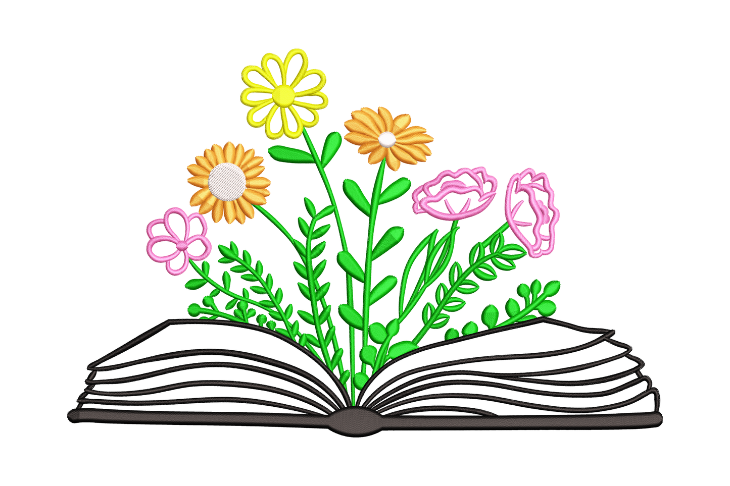 Floral book lover embroidery with open book and meadow daisy wildflowers, yellow orange and pink blooms with dark green foliage in bright 6-colour folk-art style.