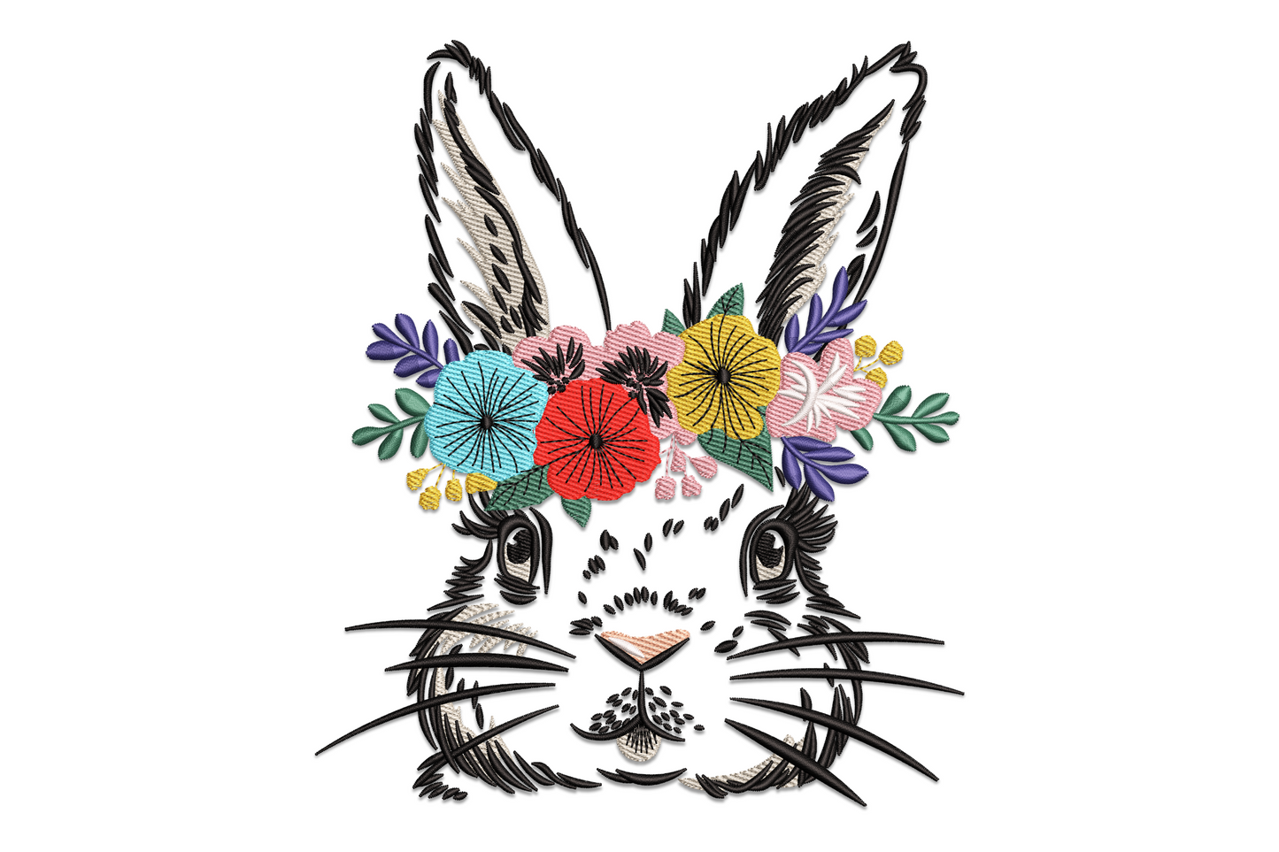 Floral bunny face embroidery design with colourful crown, 11 colours, bold black outlines, 5 sizes up to 6.36 inches.