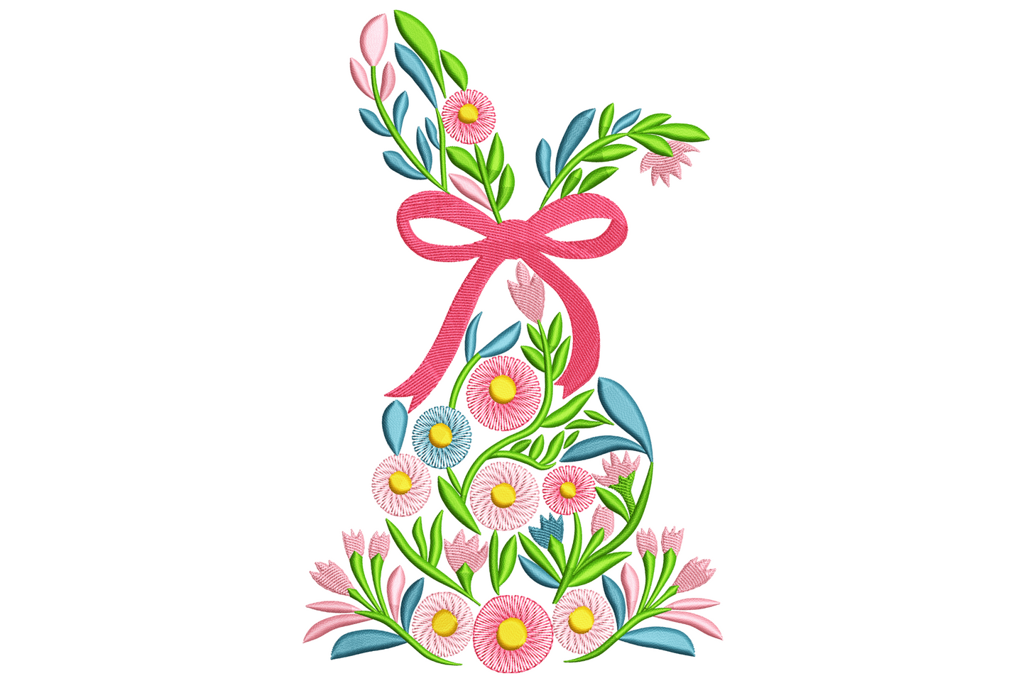 Floral bunny embroidery design made from spring daisies pink tulips and blue leaves with coral pink satin ribbon bow at neck