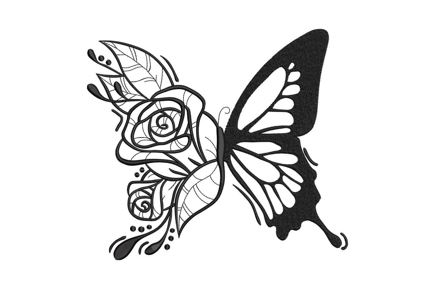 Floral butterfly line art embroidery - split wing design with rose scroll left side and bold filled right wing in black, 5 sizes