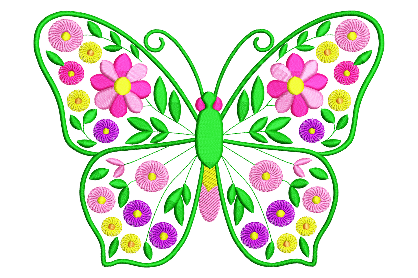 Floral butterfly embroidery with pink, purple and yellow flowers filling all four wings, dark green satin borders and pale pink body.