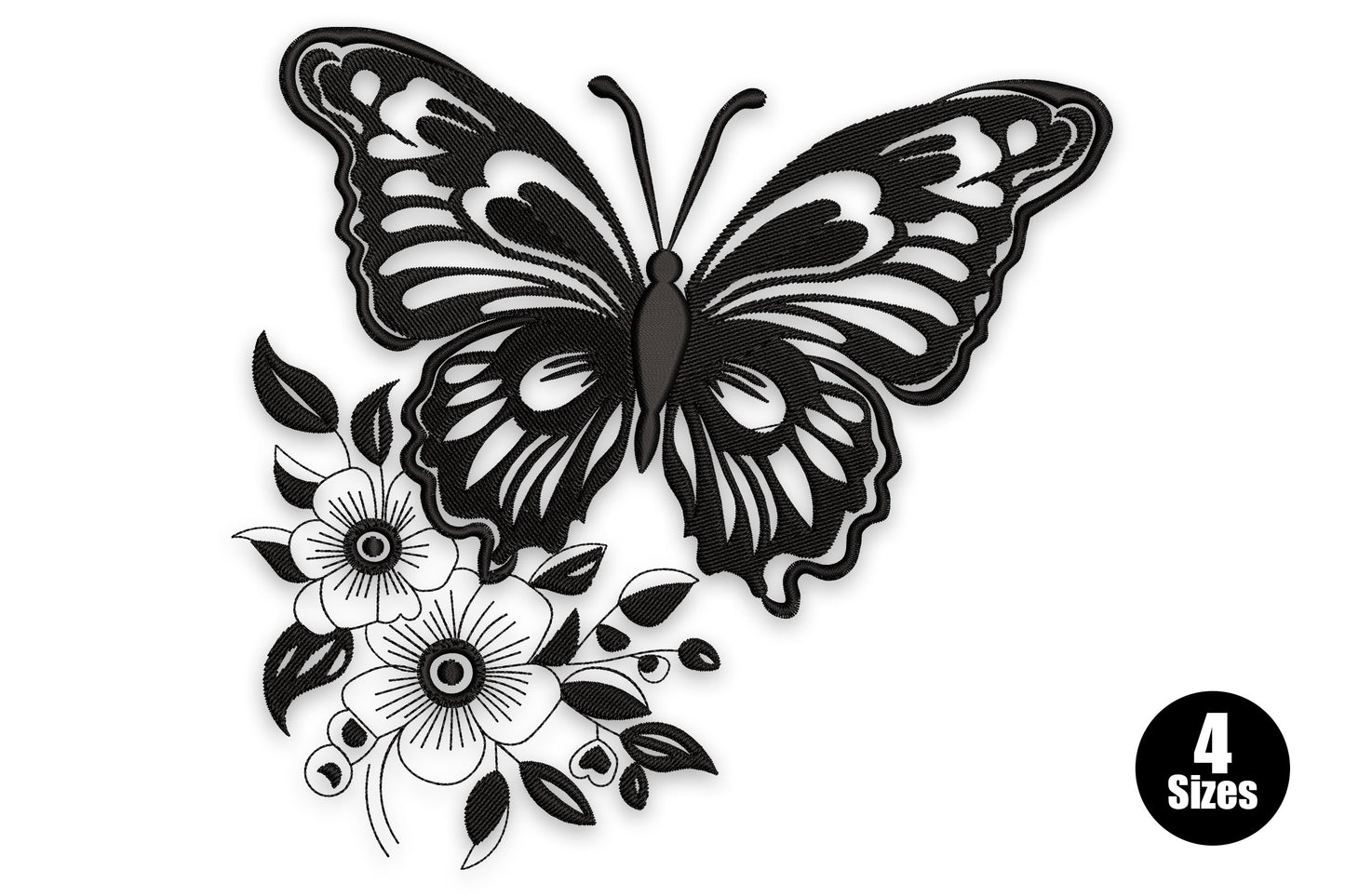 Floral butterfly silhouette machine embroidery design with detailed botanical leaves and petals filling the wing shapes in single colour thread, intricate nature-inspired pattern