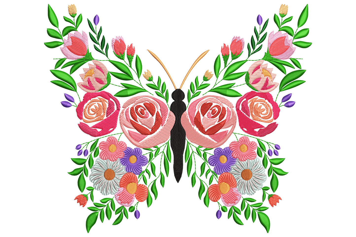 Butterfly silhouette wings filled with coral roses, blush daisies and lavender wildflowers around a slim teal body.
