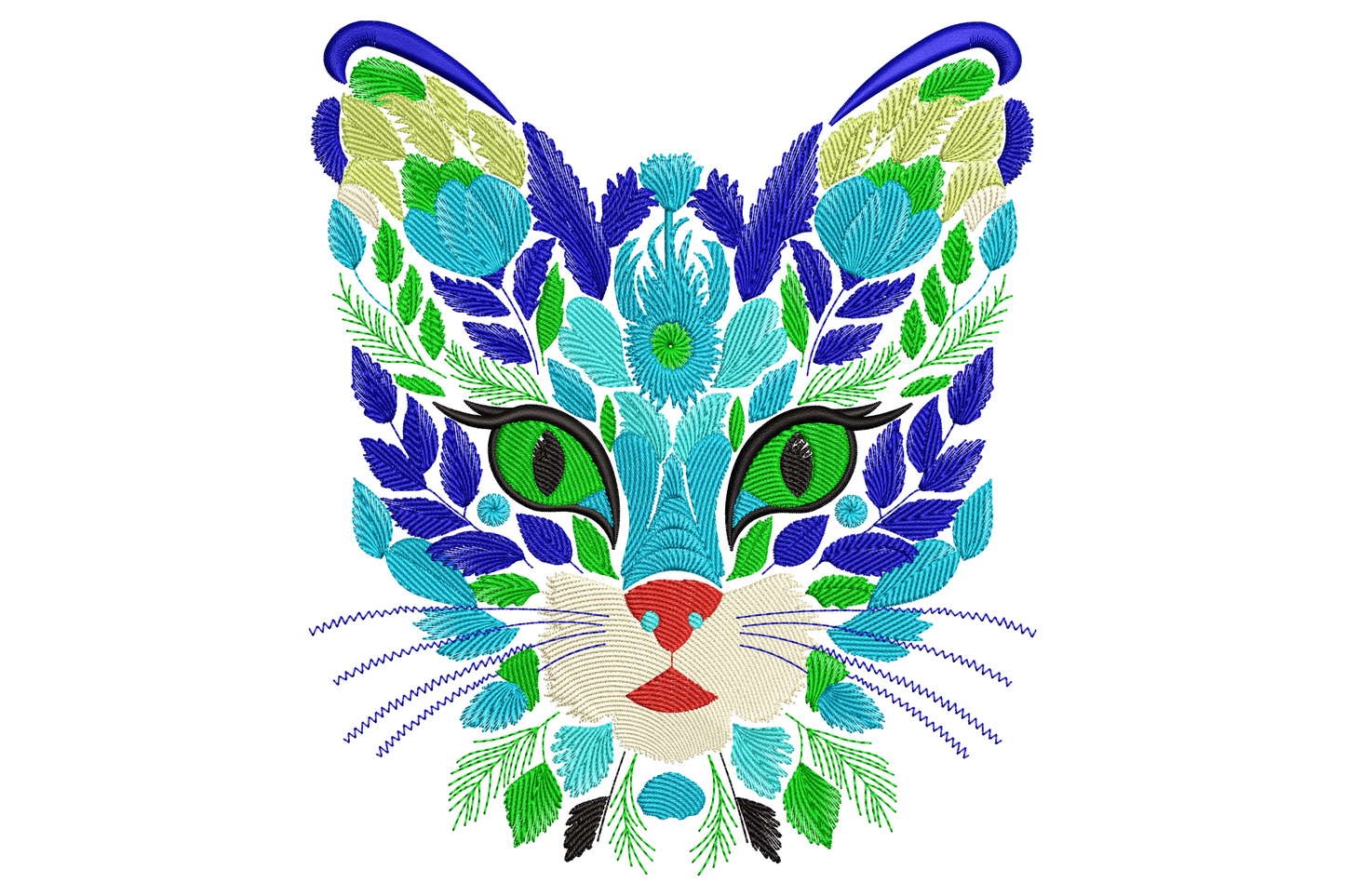 Floral cat face embroidery, stylised kitty made of blue and turquoise leaves and flowers, lime green eyes, pink heart nose