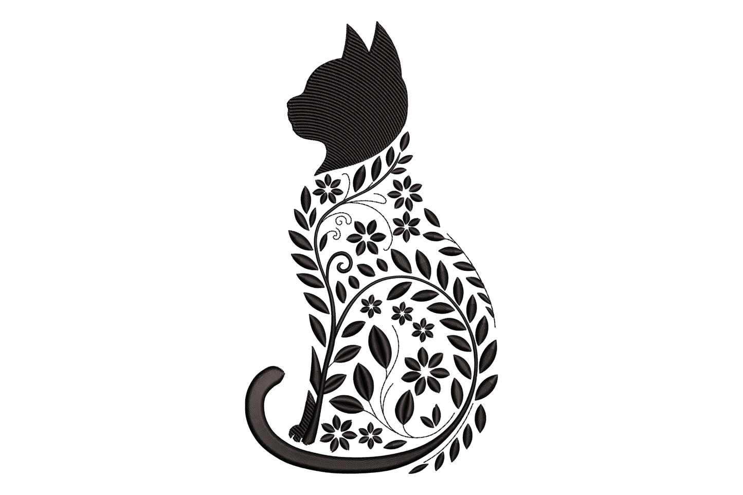 Decorative black silhouette of a cat with floral patterns on a white background