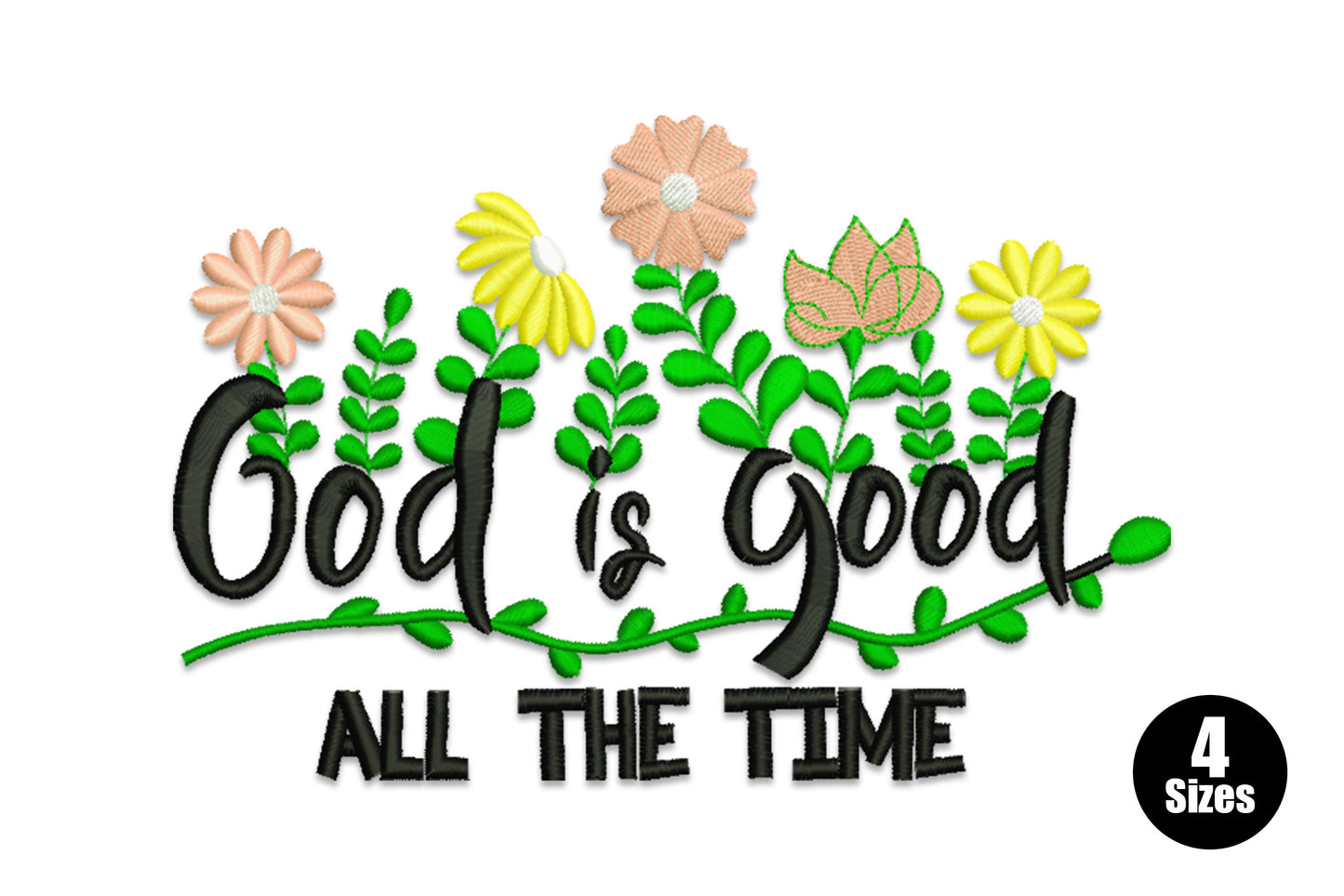 Floral Christian quote embroidery reading God is Good All the Time with yellow and pink wildflowers growing around the script lettering.