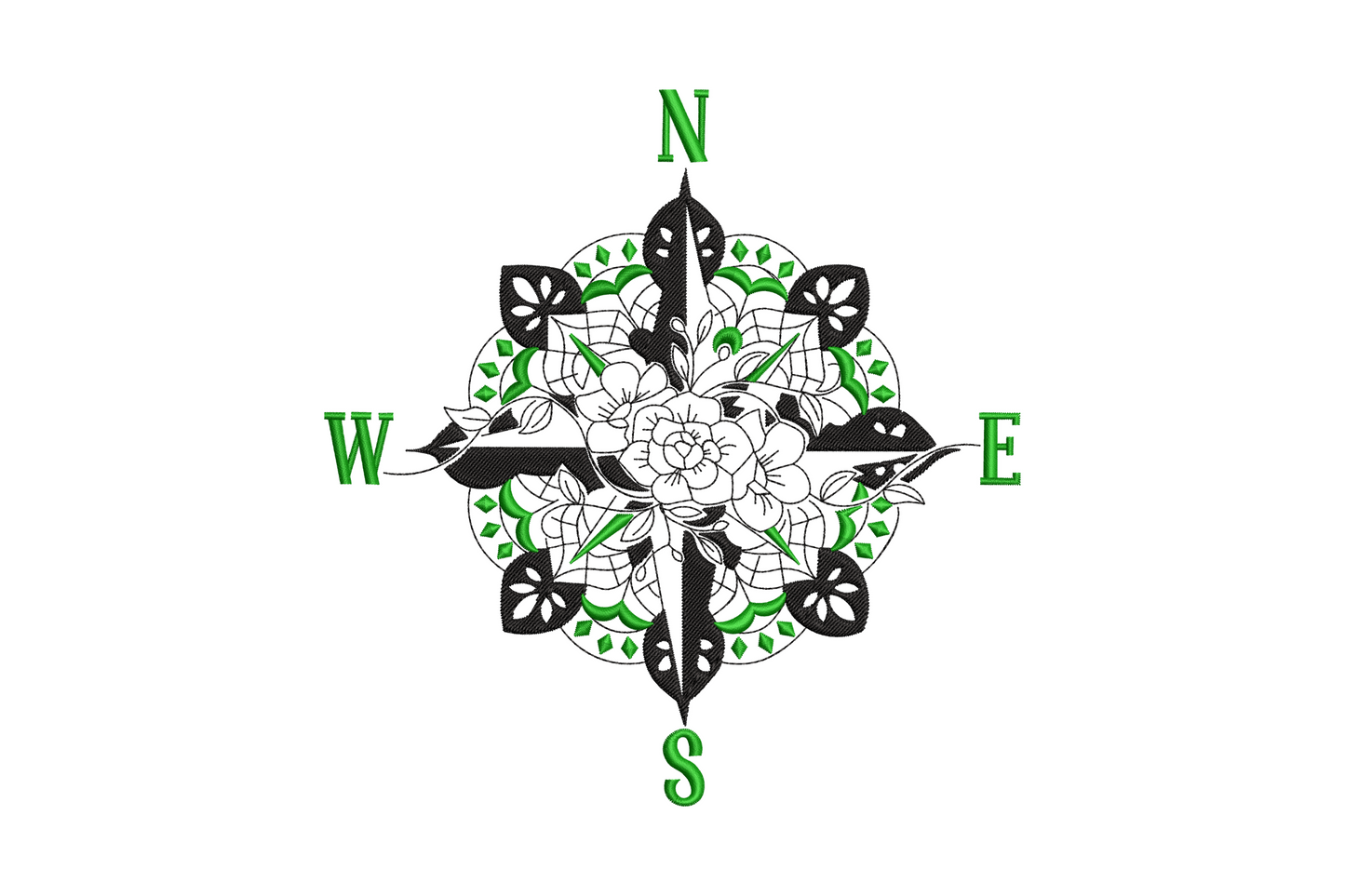 Floral compass rose embroidery, compass with botanical mandala centre and green cardinal letters, 3 color design