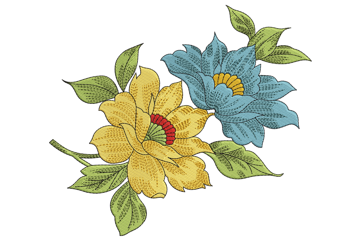 L-shape corner bouquet embroidery design with a blush peony centre, two roses, cream daisies and trailing sage leaves.
