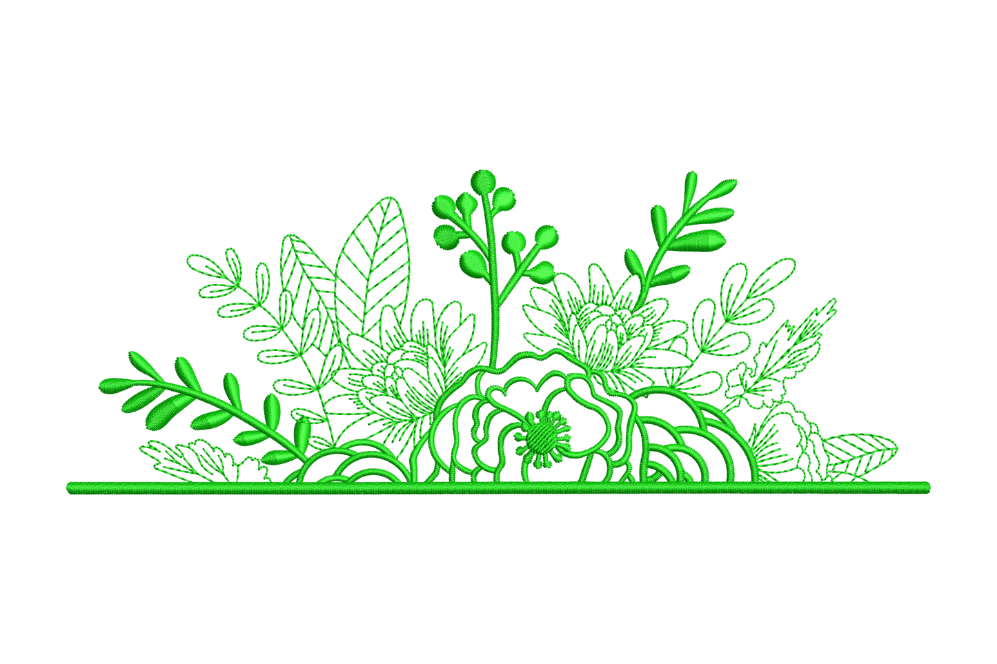 Floral decorative border embroidery in black with dense peony and botanical stems growing from a thick baseline bar, 6 to 10 inch wide, 1 colour.
