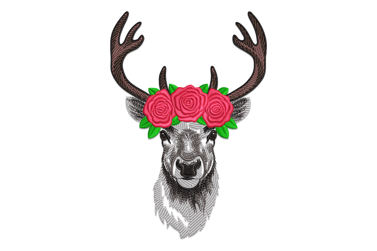 Machine embroidery floral deer head design, front-facing stylised deer with branching antlers bearing small botanical flowers and leaves, eight colour zones in warm tan rose and sage green, low density boho style.