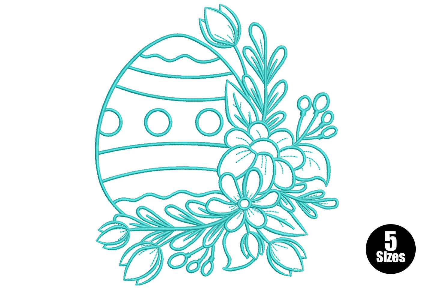 Floral Easter egg line art embroidery in aqua thread with outlined egg, stripe bands and botanical floral spray on white.
