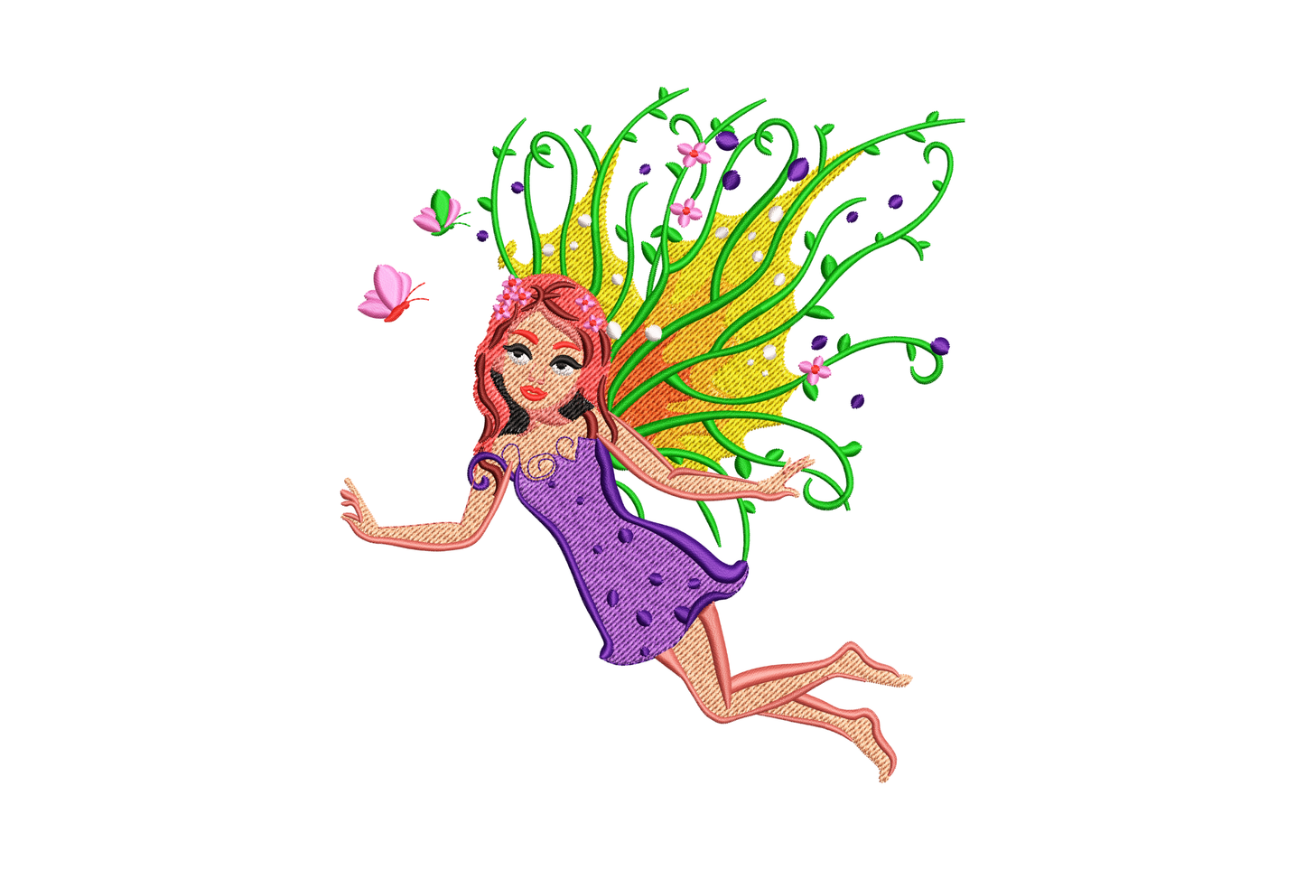 Floral fairy girl embroidery in 14 colors with purple dress, vine wings, auburn hair, and pink butterfly