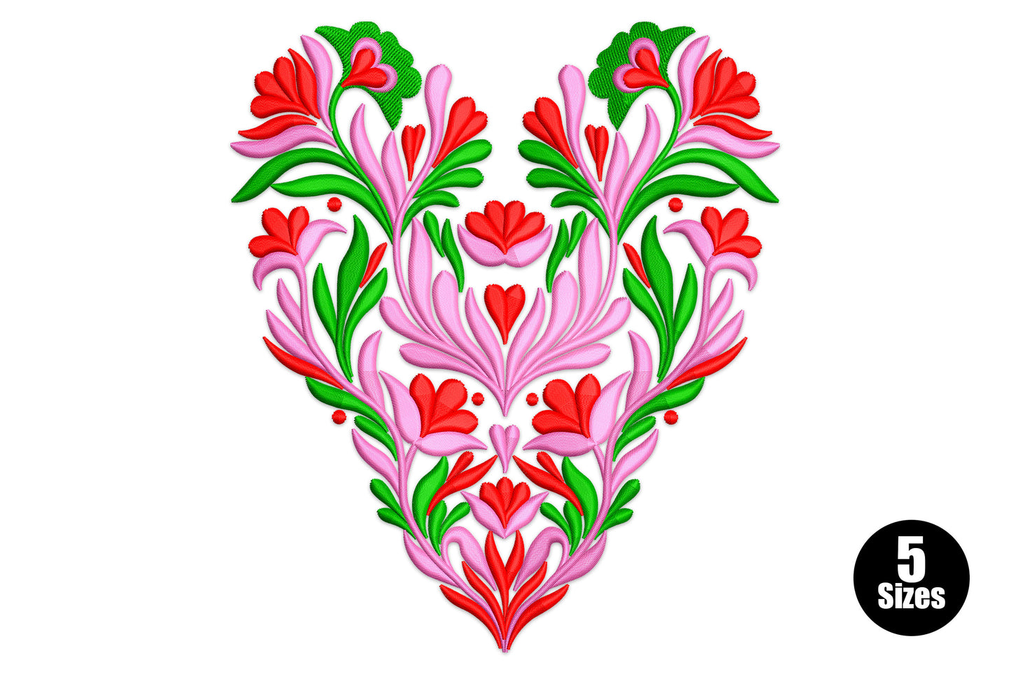 Floral folk art heart embroidery design in dark green vines with pink and red folk flowers clustered inside the heart shape.