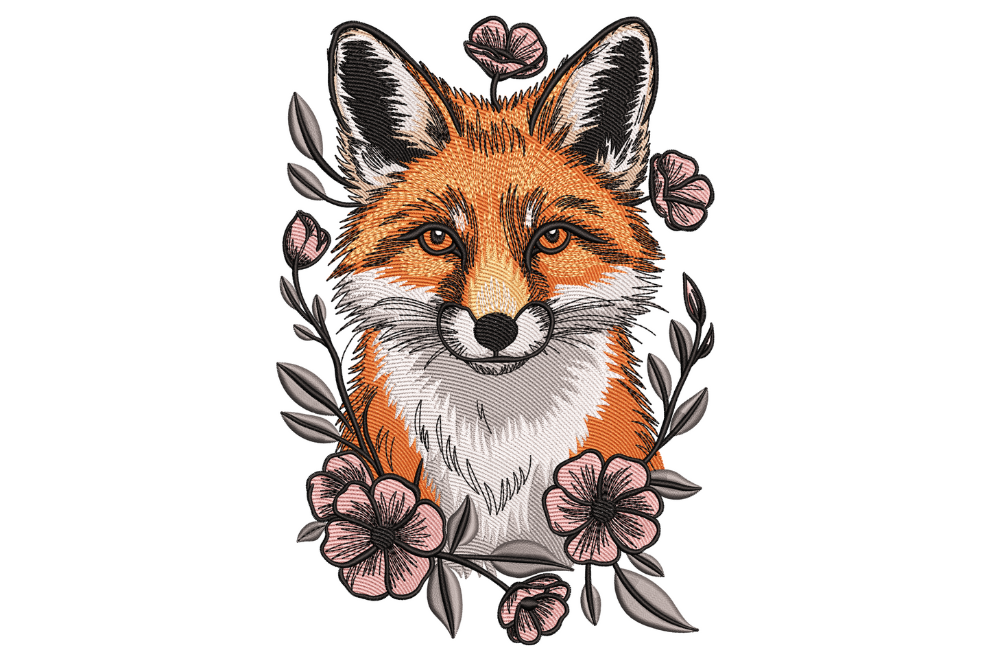 Floral fox head embroidery design with naturalistic chestnut fox portrait surrounded by blush-pink poppy flowers and grey stems on white background.