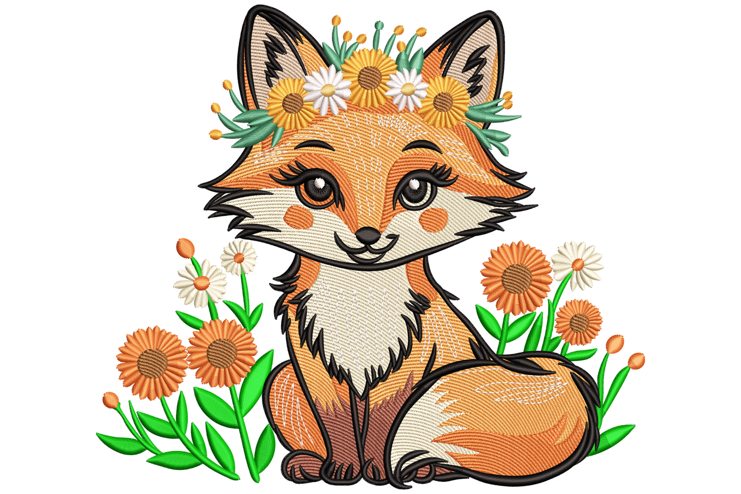Floral fox embroidery design showing a cute sitting fox cub with a flower crown of daisies and yellow blooms, surrounded by orange flowers and green leaves.