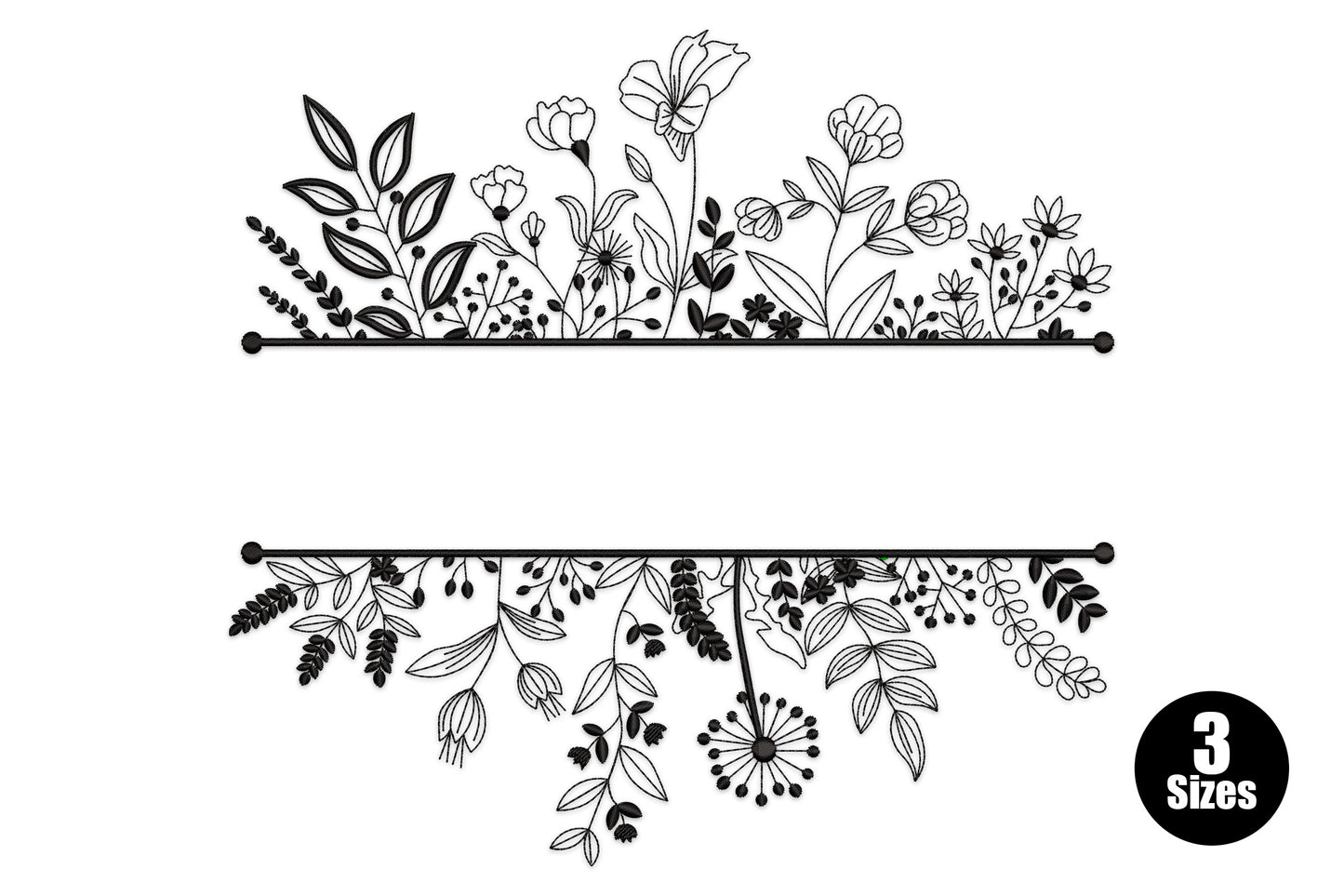Split wildflower border design with dark green and black botanical blooms, lavender spikes and dandelion heads, in 3 hoop sizes.