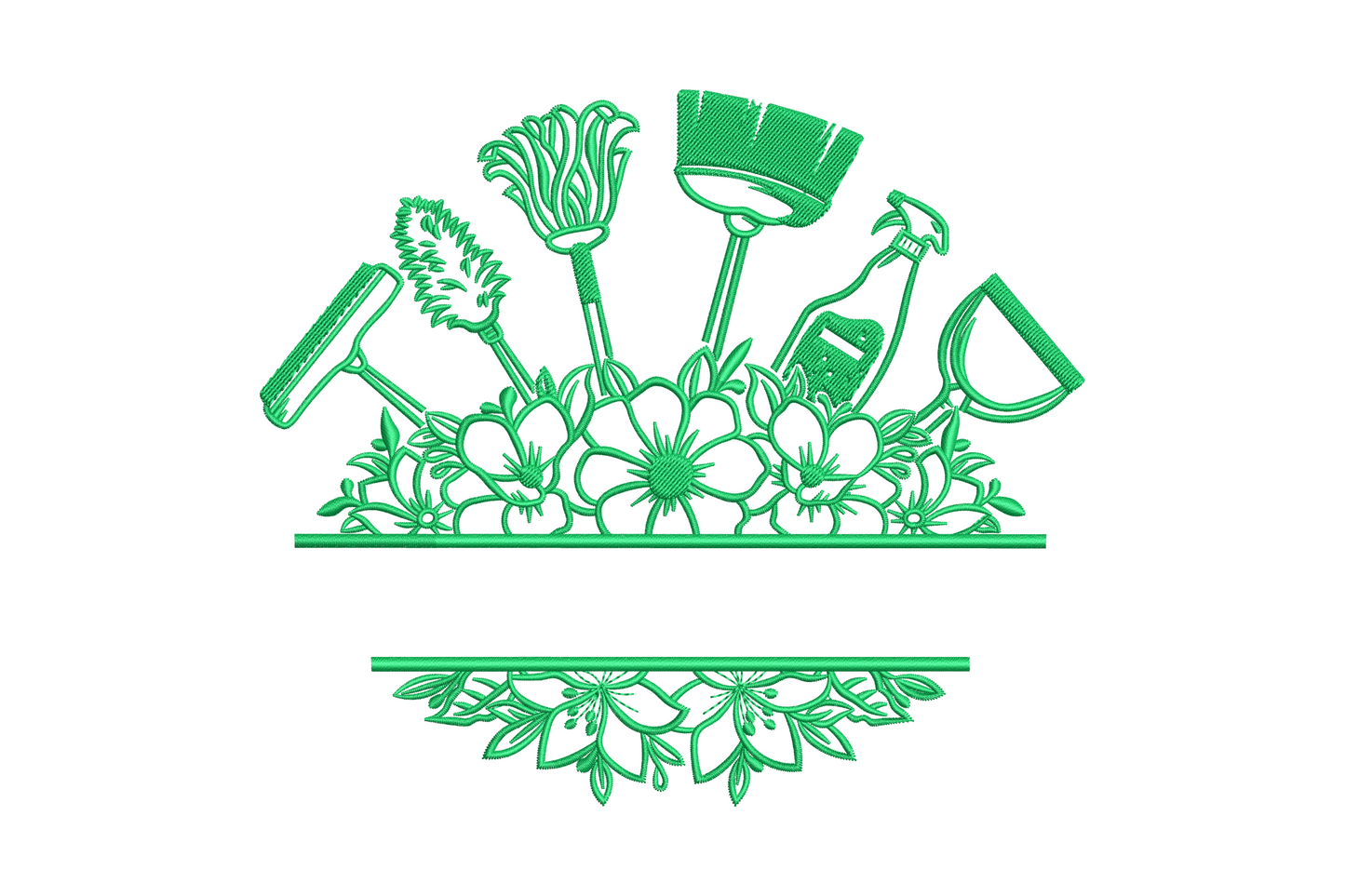 Floral gardening tools border embroidery, fan of garden tools above daisy flowers, single green thread, 3 sizes