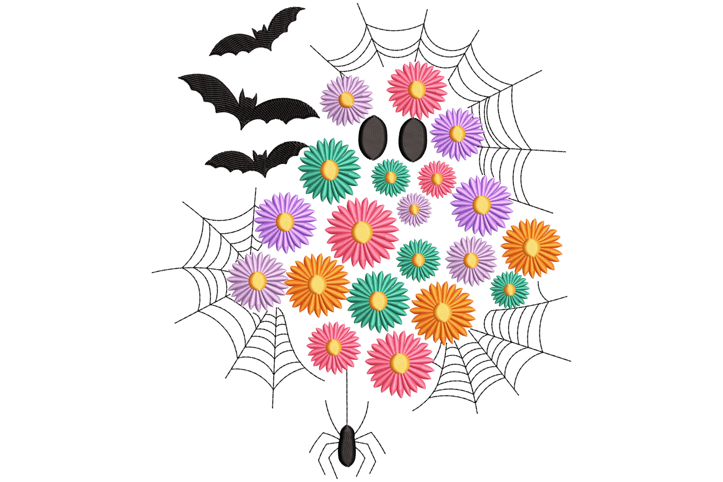 Floral ghost halloween embroidery design with flower crown of pink coral and lavender blooms, white cartoon ghost in seven colour botanical halloween machine embroidery