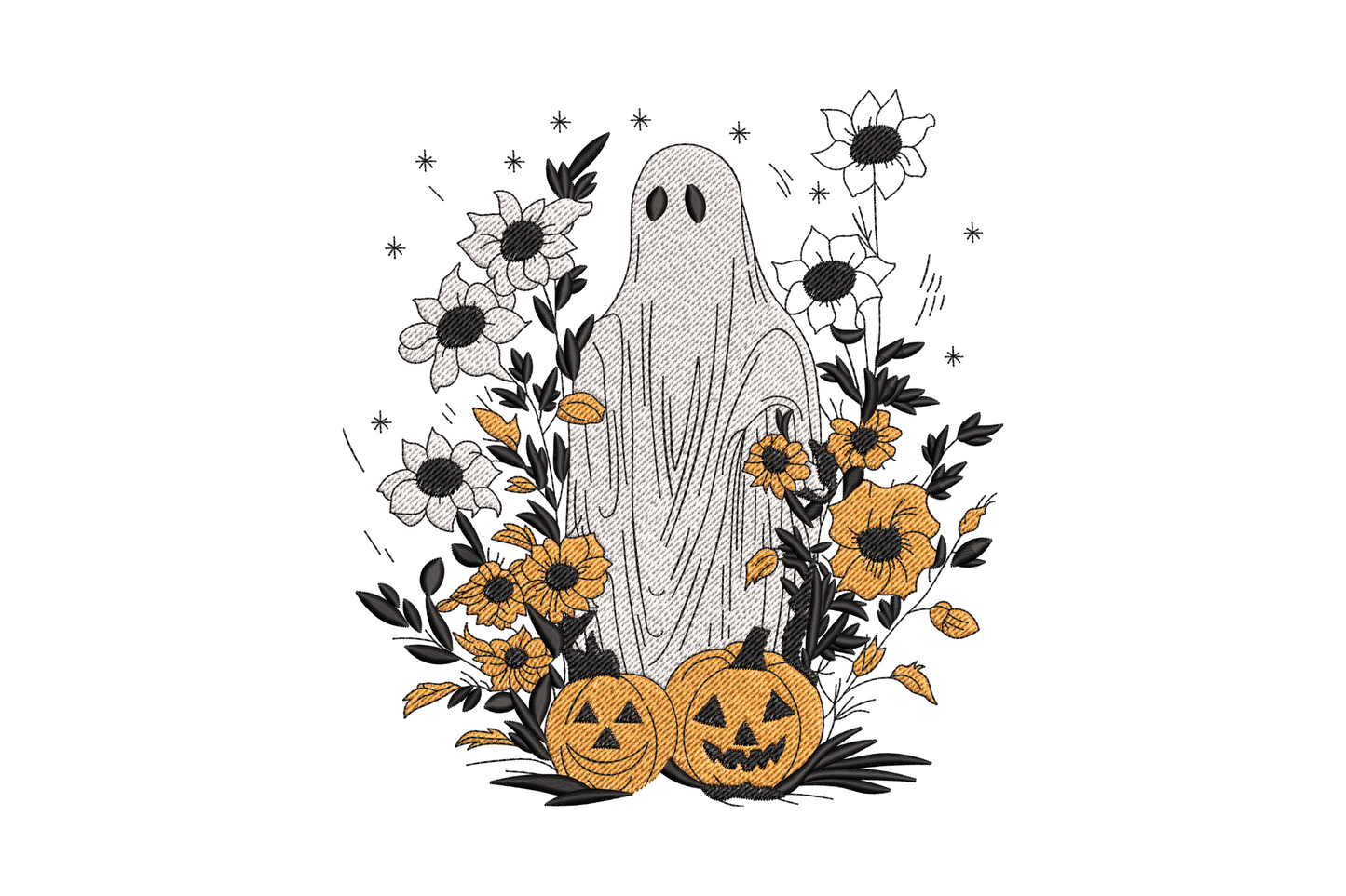 Floral ghost with pumpkins halloween embroidery design, white ghost rising through orange jack-o-lanterns and black botanical blooms